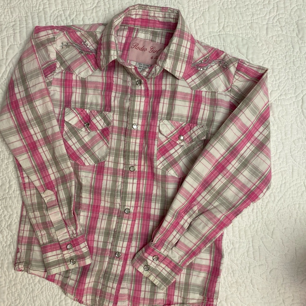 Vintage Rodeo Girl Pink Plaid Pearl Snap Button Down Western Shirt Size Medium